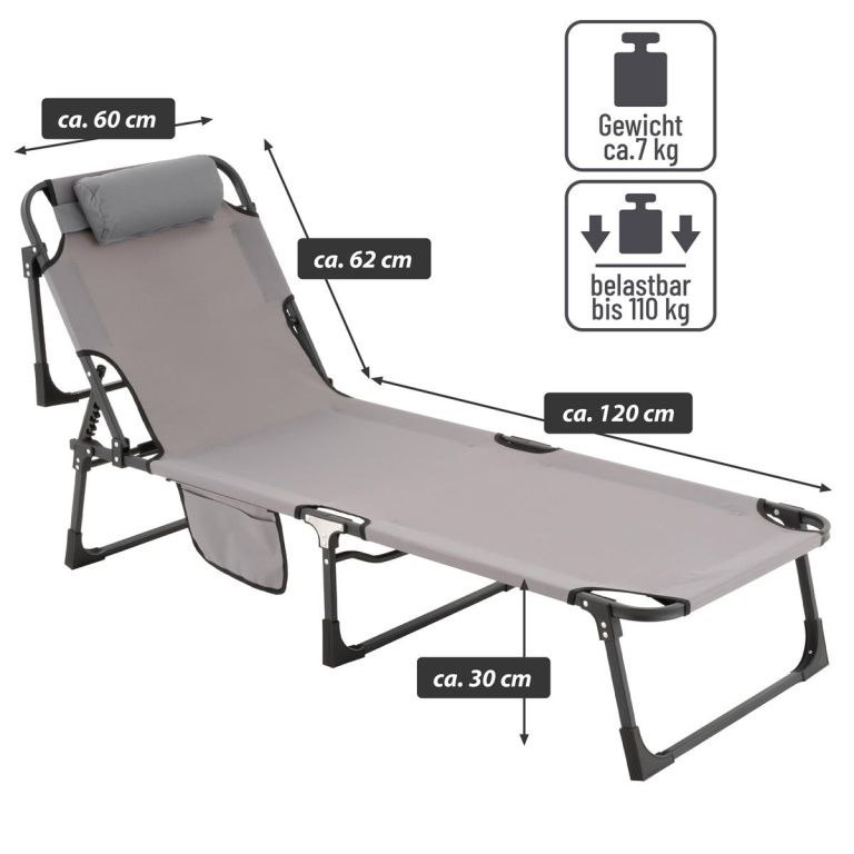 Składana leżanka, szara, poliester, wymiary: 182 x 60 x 30cm